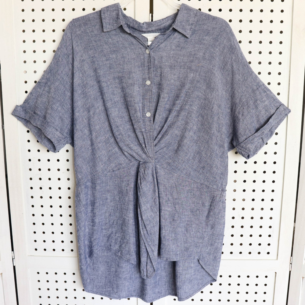 Caslon‎ Blue Chambray Linen Blend Button Tunic Top Womens SIZE L